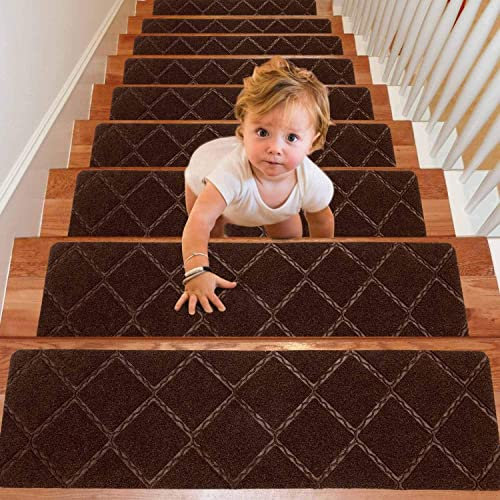 Confezione da 15 tappetini antiscivolo per scale, 76 x 21 cm, per gradini in legno, adatti a bambini e animali domestici, colore: marrone, soluzione di sicurezza antiscivolo
