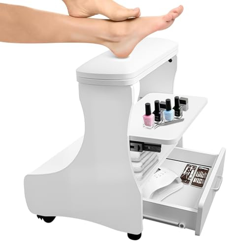 EBANKU Pediküre Fußstütze mit Rollen, Maniküre Fußhocker aus PU-Leder, tragbarer Spa Trolley für den Heimsalon, Nagel und Massagestation, leichtgängige mobile Fußstütze (Weiß)