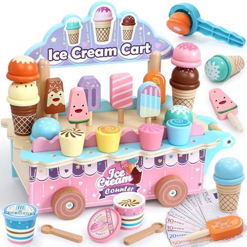 Atoylink Gelateria per Bambini, Giocattolo in Legno, Set per Gelateria con Accessori, per Bambini 3-8 Anni, Regalo per Ragazze e Ragazzi
