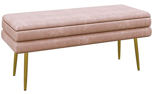 HOMCOM Sitzbank, Polsterbank mit Stauraum, Samtoptik, Bettbank mit Stahlbeine, Schuhbank, Aufbewahrungsbank für Wohnzimmer, Schlafzimmer, Rosa, 100 x 37,5 x 42 cm