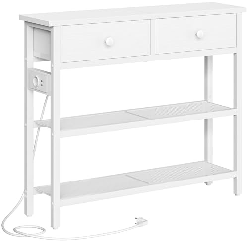HOOBRO Tavolo Console Stretto da 75 cm, con Stazione di Ricarica e Porte USB, Consolle Ingresso con Cassetti Tessuto Ripiani Rete Metallica, Consolle Rustico Ingresso, Soggiorno, Bianco EWW72CXG01