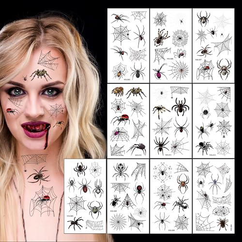 10 Blätter Spinnen Halloween Tattoo Gesicht,Gesichtstattoo Spinnweben Klebetattoos für Halloween Kostüm Damen Masquerade Karneval Party Autocollant