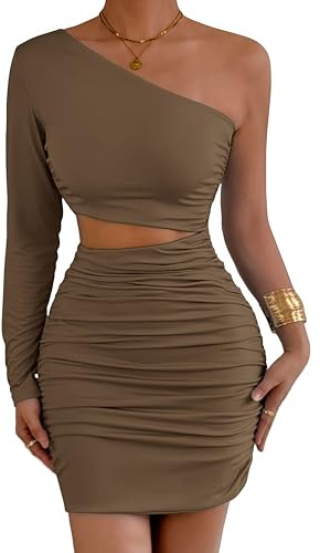 Belriviere Womens One Shoulder Bodycon Mini Dress One Sleeve Ruched Cutout Sexy Short Dress for Club Party Date Nights M Coffee