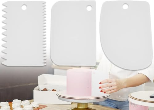 AMZSystems Juego de 3 Espátulas Plásticas para Decoración de Tartas, Raspador de Masa, Moldeador de Bordes, Herramientas de Pastelería, Color Blanco