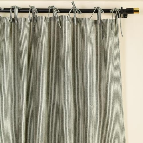 THE ART BOX Gauze Striped Curtains, Boho Linen Gauze Tie Top Hanging Curtains 2 Panel Set, Light Filtering Door Window For Bedroom/Living Room Home Décor Green on White (L90”xW42” Each Panel)