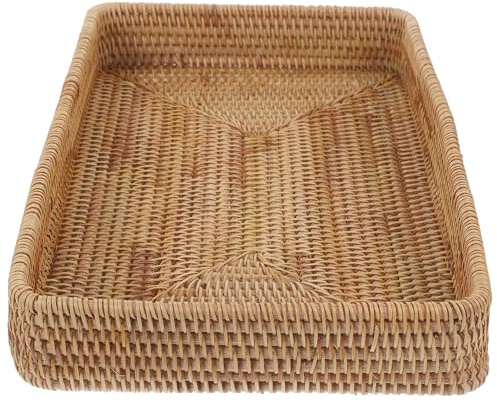 SOPOTUTU Plateau de Rangement Rectangulaire Rotin Tressé Main Plateau Décoratif Polyvalent pour Service et Organisation Style Bohème Grand Format pour Cuisine Salon et Salle de Bain