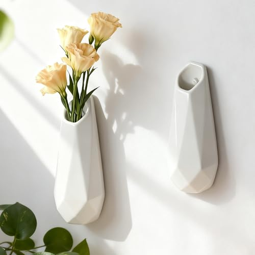 JIDOFUE Moderno jarrón de pared blanco de cerámica, 5,9 pulgadas Jarrón colgante para flores y plantas, elegante decoración de pared para salón, oficina y cocina