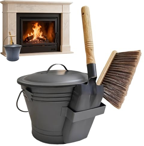 Fireplace Ash Bucket - Coal Ash Can for Fire Pit Use | Metal Bucket Pail with Lid Shovel Broom, Cleanup Tool for Indoor Outdoor Patio Garden Woodstove Grill Party Setup