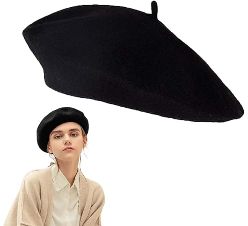 XSJIJKAG Klassische Baskenmütze Damen und Herren, Elegante Franzosen Mütze aus Wolle, Weiches Barett für Herbst und Winter, Stilvolle Hut Damen und Herren Mütze Schwarz, 56-58cm