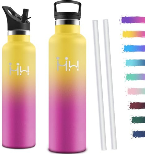 Motswedi Botella agua Termica, 1000ml Doble Aislamiento, Botella Termica 1 litro, Mantener 12H Caliente/24 Frío, Cantimplora, a Prueba de Fugas, Thermoflask, para Oficina, Hogar, Amarillo & Rosa