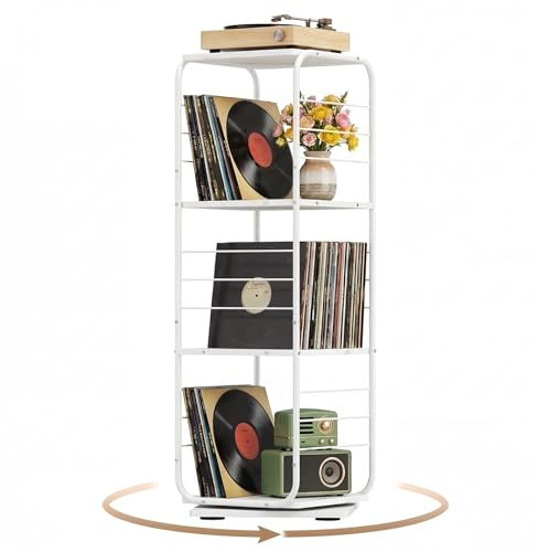 COSTWAY Mueble Tocadiscos de Vinilo para 280 LPs, Estantería Giratoria para Vinilos de 4 Niveles, Giratoria 360°,Metal, Soporte de Tiscos para Salón, 40x40x115cm (blanco)