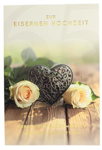 Glückwunschkarte Grußkarte zur Eisernen Hochzeit 65 Jahre Karte zum 65 Hochzeitstag mit Goldveredelung Herzmotiv Rosen Klappkarte mit Umschlag Jubiläumskarte
