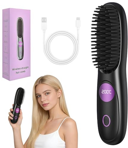 Tccydm Stylingbürste für Kurze Haare, Kabellos 3 Wärmestufen | Glättbürste Kabellos mit LED, Elektrisch Glätteisen, USB-Aufladbar - für Reisen und Täglichen Gebrauch