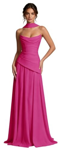 Vestidos largos de gasa sin tirantes para dama de honor para boda con bufanda, fucsia, 50 Grande