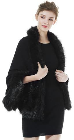 BEAUTELICATE Châle Tricoté Étole en Fausse Fourrure Cape Poncho Chaud De Femme Mariage Hiver sur Robe de Soirée Mariée(Taille Unique, Motif Rose & Fausse Fourrure - Noir)