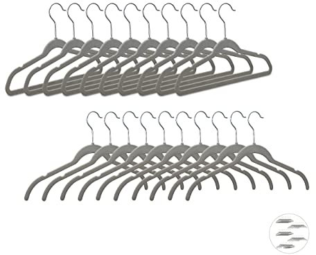 Relaxdays Kleiderbügel Samt, platzsparende Bügel, rutschfester Velourbezug, Haken 360° drehbar, Anzug, 20er Set, grau