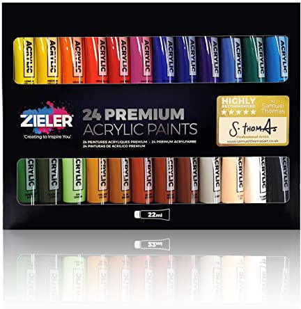 Premium akrylfärgset (24 stora 22 ml rör) – från Zieler® – perfekt för papper, duk, trä, keramik, tyg och hantverk. Levande färger och rika pigment – inkluderar startguide
