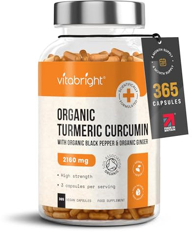 Turmeric and Black Pepper Capsules | 2160mg Dose | 365 Tablets | 4 Month Supply | 3 A Day | Herbal Supplements | High Strength Curcumin | VitaBright Organic Tumeric Supplement