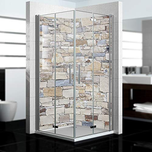 dedeco Eck-Duschrückwand wasserfest mit Stein V3 Motiv UV-Lack glänzend - 2 x 90x200 cm, Badrückwand zum Fliesenersatz, als Dekorwand, Wandverkleidung und Duschplatte aus Aluminium - Made in Germany