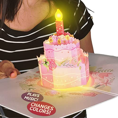 100 GREETINGS Birthday Cards with Lights & Music - Pop Up Birthday Card for Mom, Son, Women & Men (Pink Cake)