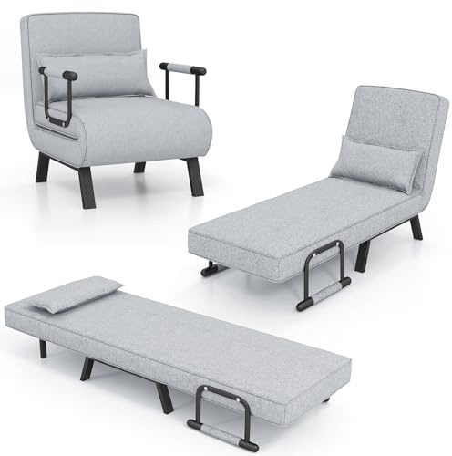 RELAX4LIFE 4 in 1 Poltrona Letto singolo, Poltroncina Pieghevole con Schienale Regolabile in 6 Posizioni, Poltrona Reclinabile con Cuscino e Braccioli per Camera da Letto e Salotto (Grigio Chiaro)