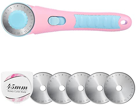 Headley verktyg roterande skärare med 5 st 45 mm roterande blad, lagerdesign rullskärare med säkerhetslås för tyg sömnad quiltning tyg läder papper och konst och hantverk (rosa)
