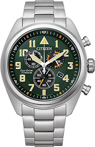 Citizen Eco-drive - Orologio Uomo Solare Casual Cinturino In Acciaio Inox Grigio Cassa In Titanio Quadrante Analogico Verde - AT2480-81X