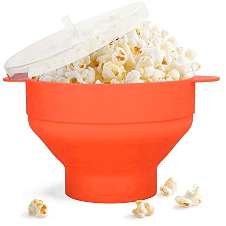 BuyWeek Mikrowellen Popcorn Maker, Große Popcorn Schüssel Silikon Mikrowelle Heißluft Popcorn Popper mit Deckel für Zuhause(Orange)