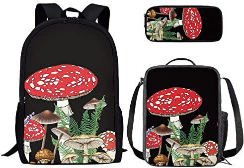 Binienty Kids Fashion Print Rucksack für Mädchen Schule Büchertasche für elementare 3 in 1 Schulranzen Sets mit Lunch Tote Bleistifttasche, Pilz-1, Einheitsgröße