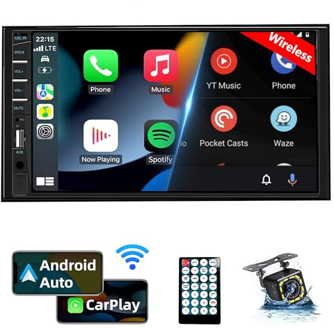 Naifay Double Din Car Stereo with Wireless Apple Carplay Android Auto, 7inch Touchscreen Car Radio with Bluetooth, Car Audio Receivers, Backup Camera, Mirrorlink, FM, SWC, GPS, USB/AUX/TF/Subwoofer