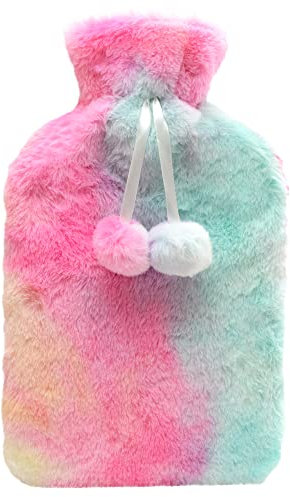 Olivia Rocco Rainbow Tie Dye Faux Fur Hot Water Bottle with Pom Poms Thermotherapy Hotwater Plush Fleece Bottles Hand Feet Warmer Neck and Shoulder Pain Relief Winter Gift