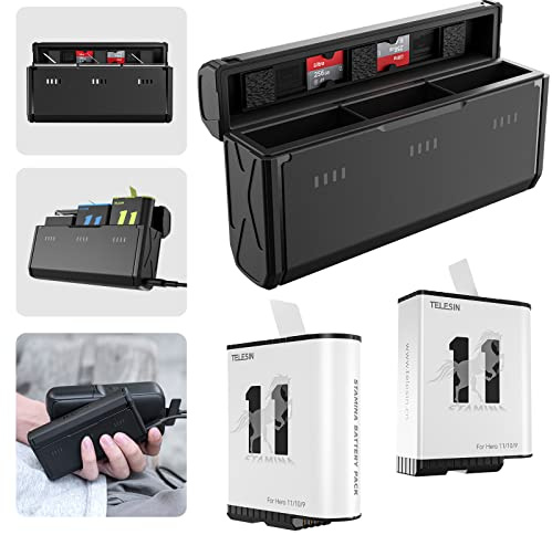 TELESIN Enduro Akku und Taschen Ladegerät Set Super Langlebig für GoPro Hero 12/11/10/9, Schnellladung, Kältebeständigkeit, 3 Steckplätze, 2 TF-Karten-Speicher, Stromabfrage (Ladegerät + 2 Akkus)