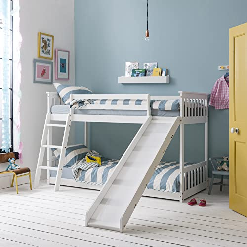 Design Elements Tuva Mid Sleeper Bed with Underbed, Classic White - Solid Pine Cabin Beds for Kids w/Slatted Frame, Slide & Reversible Ladder - Child-Safe Toddler Bunk Bed for Bedrooms & Nursery