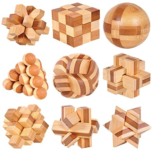 WishesMar 9 Stück Knobelspiele Holz Set Puzzle Geduldspiel Holzspielzeug Denkspiele Geschenk für Erwachsene und Kind - Logik Geist Spielzeug