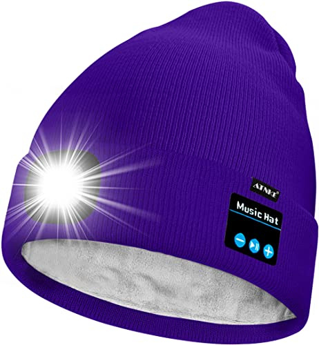 ATNKE Unisex LED Bluetooth Mütze mit Licht,Wiederaufladbare USB 4 LED Musik Redner Laufmütze Lampe Winter Warme Gefüttertes Fleece Stricken Mütze für Herren und Damen Geschenke