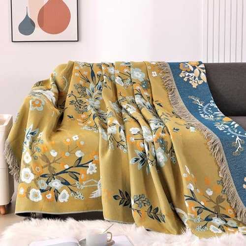DECMAY Double-sided Throws for Sofas Large, Boho Sofa Bedspread Throw Blanket with Tassels, 100% Cotton Throw for Sofas, Bed and Armchair, Olive, 150x200CM(60×80In)