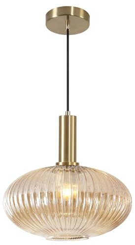 KCO Lighting Modern Gold Globe Pendant Lamp 1-Light Mid Century Antique Brass Dining Pendant Light Amber Glass Farmhouse Pendant Lighting Adjustable Large Vintage Hanging Ceiling Pendant Light