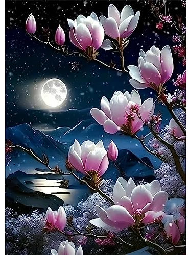MXJSUA Magnolie Diamond Painting, 5D Diamant Painting Kits Bilder für Erwachsene, Mond DIY Diamant Malerei Diamond Painting Kinder Bilder Set 30x40cm für Wanddekor