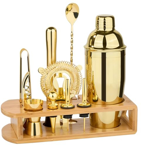 Cocktail Shaker Set Bartender Kit : 12-Piece Bar Tool Set with Bamboo Stand | Bars Set with All Practical Bar Accessories, for Drink Mixing, Bar, Home, Lounge & Party (Gold)