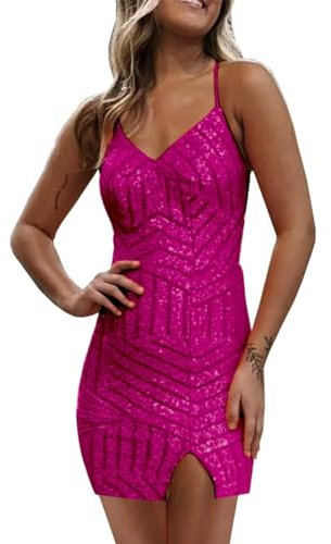 HPPEE Vestidos de fiesta de graduación con tirantes delgados para adolescentes, corto, ajustado, brillante, lentejuelas, vestido de fiesta WYX422, fucsia, 52 Más