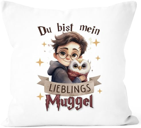 MoonWorks® Kissenbezug mit Spruch Du bist Mien Lieblingsmuggel Eule Motiv Geschenk Freundschaft Liebe Weiss Standard