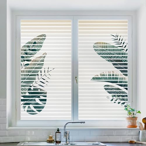 Fensterfolie Weiß Gestreifte Blätter Fensterfolie Blickdicht Anti-UV Sichtschutzfolie Fenster Milchglasfolie Zuhause Büro Folie Fenster Sichtschutz Window Film 2 Stück/80x150cm