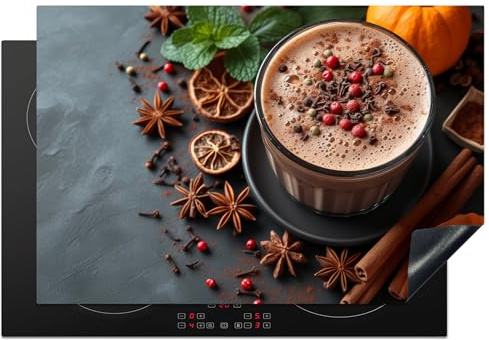 KitchenYeah© Protege Couvre Plaque De Cuisson Deco Cuisine Tapis Protection | 78x52 cm - Protecteur Induction Accessoire Lait chocolaté - Béton - Citrouille - Épices