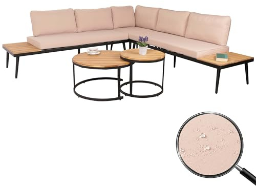 Mendler Garten-Garnitur HWC-H54c Akazie - Hellbraun, Kissen beige | Lounge-Set, Beistelltisch, Spun, Poly, Holz, Stahl