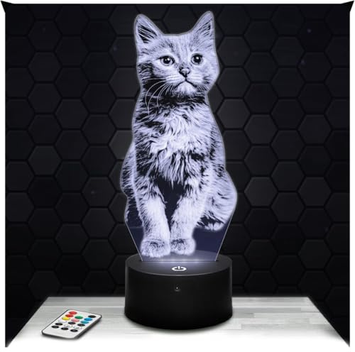 Lampephoto.fr - Lampe Kätzchen 3D Touch Nachtlicht Katze, Raubkatze, Kater | Made in France, Sockel & Größe wählbar, dimmbar, Batterie/USB, HD-Lasergravur, Geschenk für Sie & Ihn