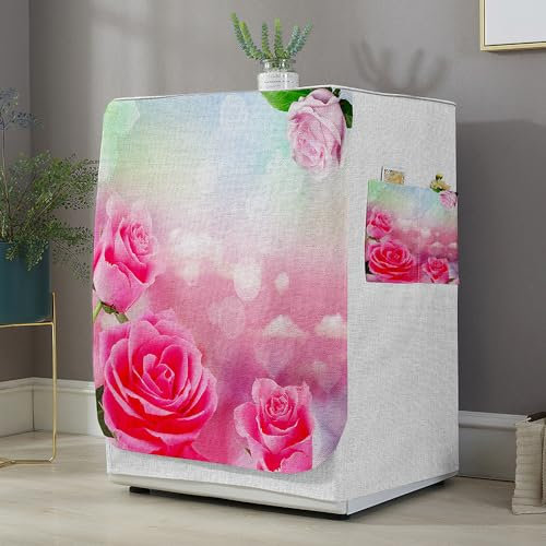 Highdi 3D Housse de Protection pour Machine à Laver, Chargement Frontal Housse La Poussière avec Ouverture Frontale pour Linge Domestique (Capacité S 6~7.5KG,Roses Roses)