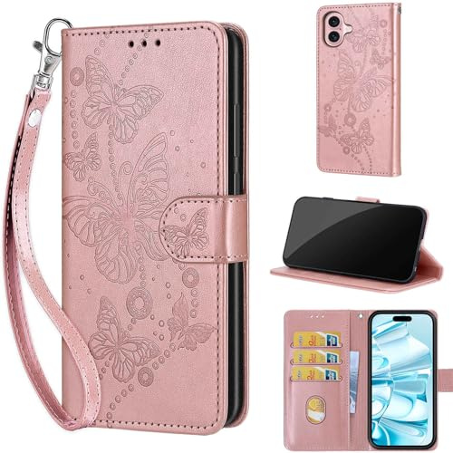 TOMYOU Cover per iPhone 16, Farfalla Oro Rosa | Antiurto Custodia, Funzione Stand, Chiusura Magnetica, Slot per Schede, Pelle PU Flip Portafoglio