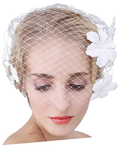 TOGEVAL Hochzeit Kurzes Mesh Schleier Mit Blüten Bedeckter Gesichtsschleier Aus Tüll Für Braut Und Damen Für Tee-Party Und Besondere Anlässe Elegante Kopfbedeckung Weiß