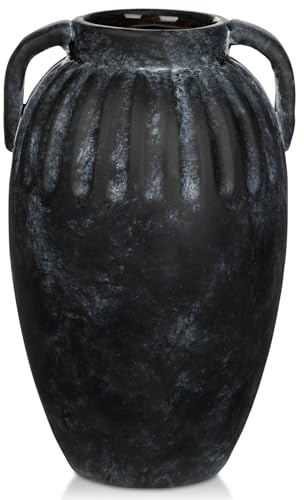 Vintagevas med handtag, keramisk vas, handgjord terrakottavas, bordsvas av keramik för dekoration, vardagsrum, hemmakontor, vas för pampasgräs, rustik antik dekor, höjd 23 cm