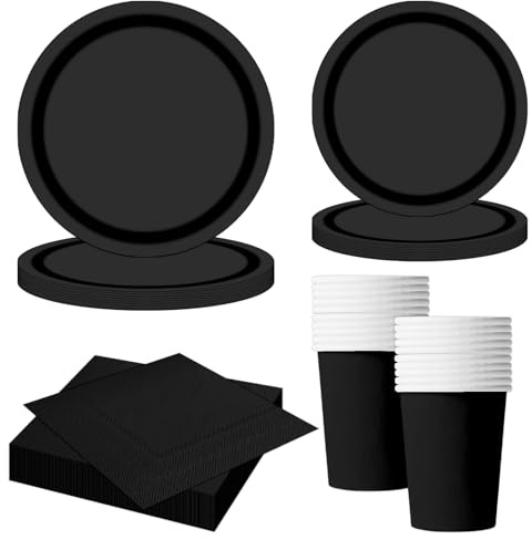 MORAINJAY 68-teiliges Schwarz Pappgeschirr Set, Schwarz Pappteller Pappbecher Servietten, Deko Partygeschirr für Geburtstag, Halloween, Silvester, Abschlussfeier, Party Supplies